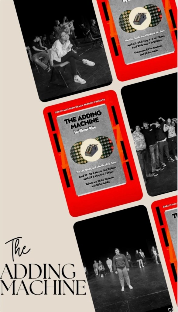 Adding Machine promotional graphic with images of actors on stage