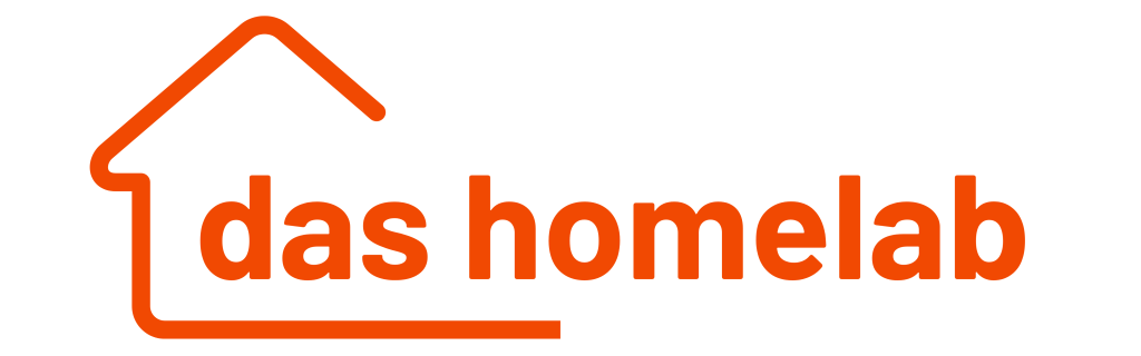 An abstract outline of a house with the words "das homelab" flowing out of the center to the right.